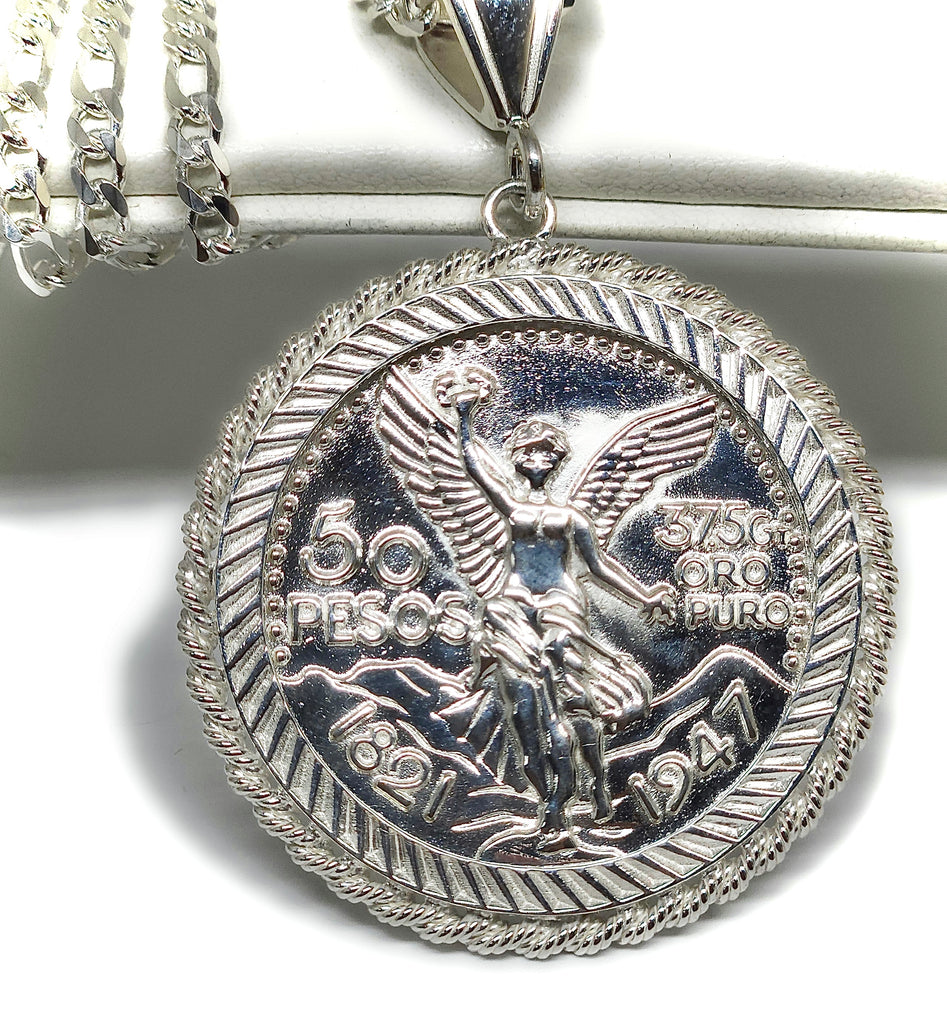 925 Silver MEXICAN CENNTENARIO 50 PESOS COIN PENDANT NECKLACE