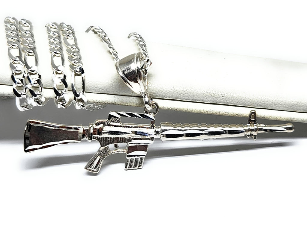 AR-15 M16 ライフル925シルバー ペンダント925刻印ありGD-016 925 SILVER M-16 RIFLE MACHINE GUN Pendant Necklace with Figaro