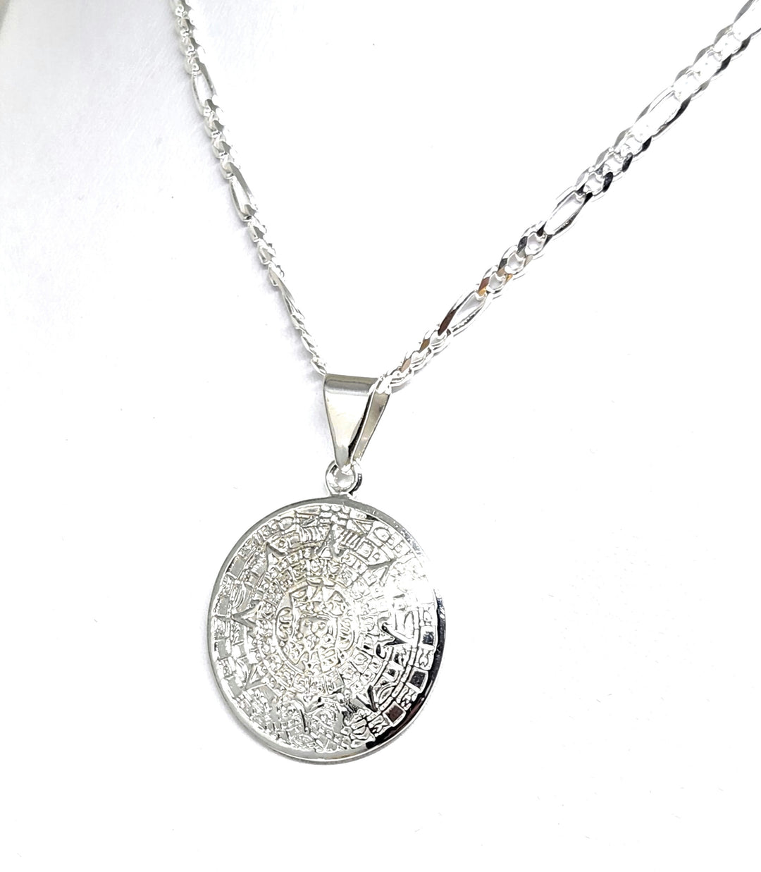 925 SILVER AZTEC CALENDAR Pendant Necklace with Figaro Chain