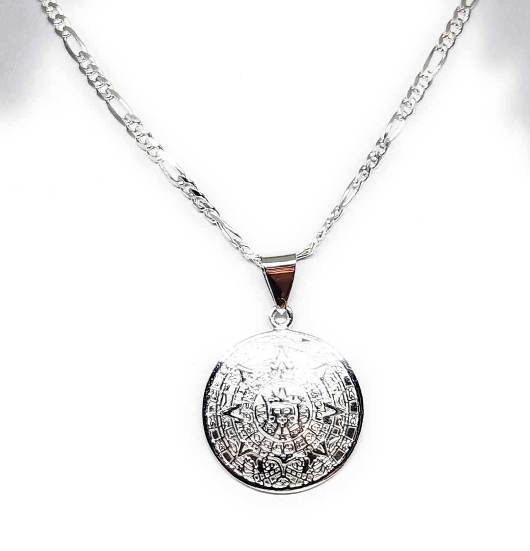 925 SILVER AZTEC CALENDAR Pendant Necklace with Figaro Chain