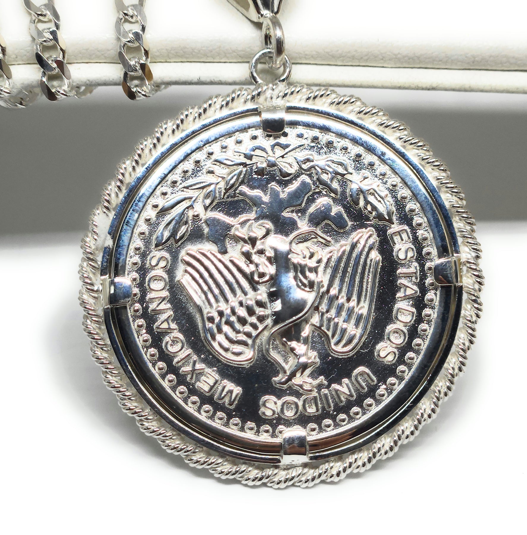 Silver Plated Cuban Link Chain Necklace With 50 Pesos Centenario Mexican Coin Cross Pendant – Hip Hop Style