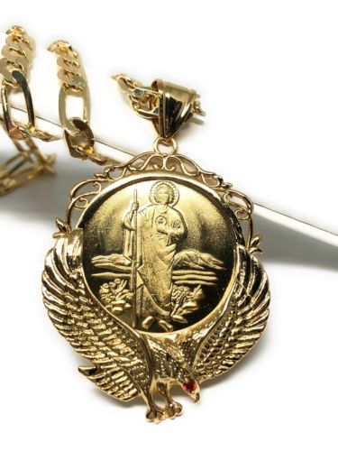 San Judas Tadeo Virgen Centenario Águila Medalla Dos Lados Cadena Oro Lamina 26” - Fran & Co. Jewelry
