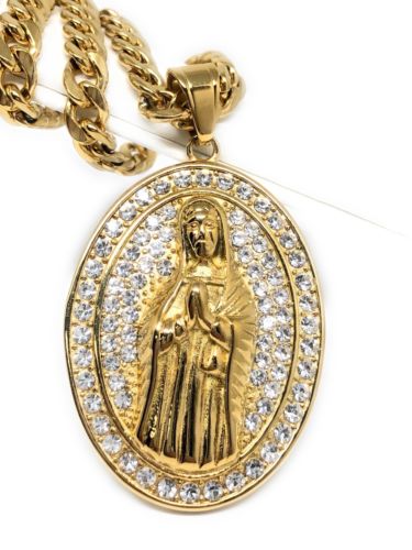 Hip Hop Gold Plated Iced Out Guadalupe Virgin Mary Pendant 30" Cuban Link Chain - Fran & Co. Jewelry
