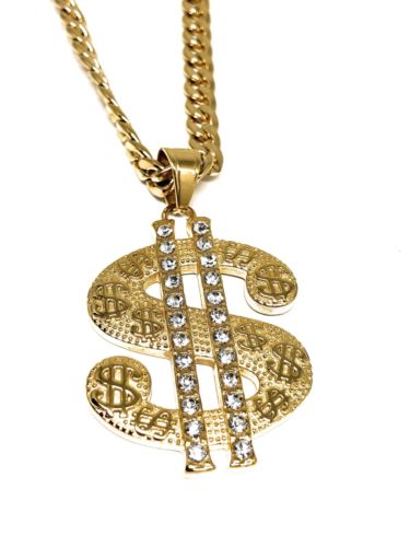 HIP HOP ICED BLING OUT GOLD PT BANDED DOLLAR SIGN PENDANT CHARM, CUBAN  NECKLACE