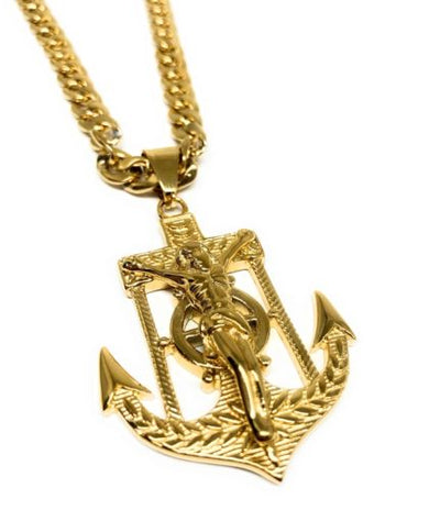 Gold Plated Big Jesus Crucifiix Anchor Pendant Cristo Ancla Crucifijo Cuban Link Chain 30" - Fran & Co. Jewelry