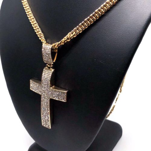 Men Hip Hop Gold Plated Iced Out Cross CZ Pendant Necklace 30