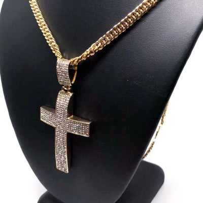 Men Hip Hop Gold Plated Iced Out Cross CZ Pendant Necklace 30" Cuban Link Chain - Fran & Co. Jewelry