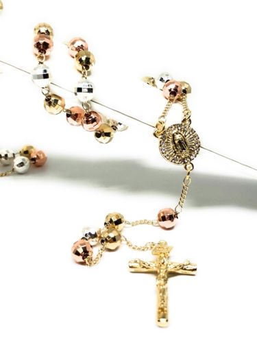 Gold Plated Tri-Color Virgin Mary Rosary Necklace Virgen de Guadalupe Rosario Crucifijo Oro Tres 26" - Fran & Co. Jewelry