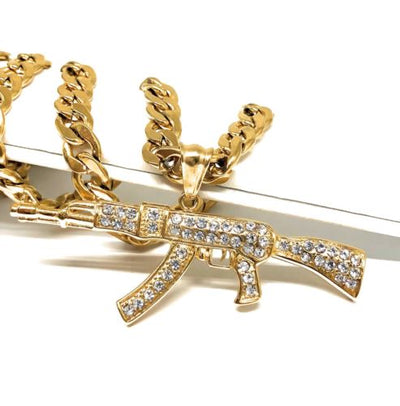 Men Gold Plated Hip Hop Iced Out Ak-47 Machine Gun Pendant 30" Cuban Link Chain 7mm - Fran & Co. Jewelry