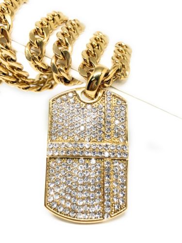 Hip Hop Gold Plated Iced Out CZ Dog Tag Army Pendant 30" Cuban Link Chain 7mm - Fran & Co. Jewelry