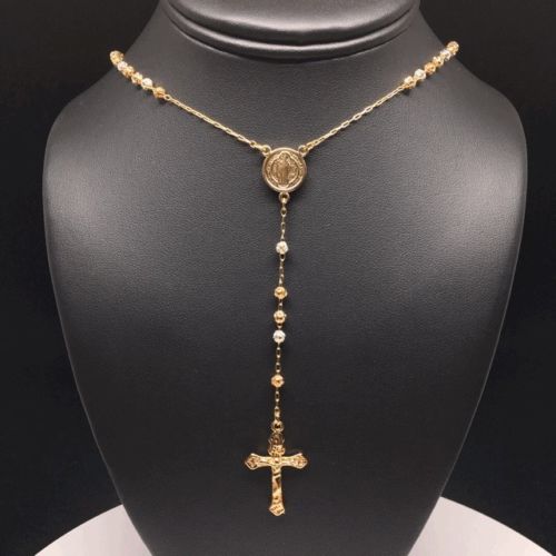 Gold Plate Saint Benedict Rosary Necklace San Benito Rosario Oro