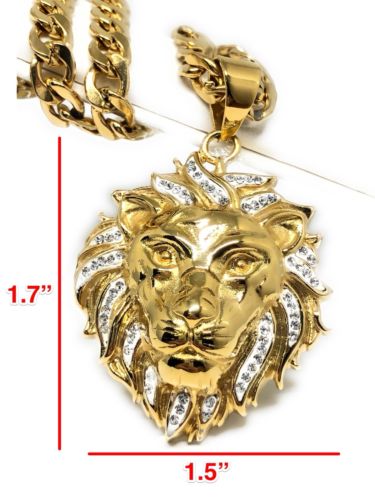 Stone Stud Mane Lion Head pendant w/2mm 24 Box Chain Necklace, Gold Stone Stud Mane Lion Head pendant w/2mm 24 Box Chain Necklace, Gold