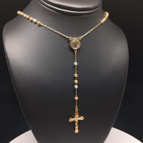 Gold Plate Saint Benedict Rosary Necklace San Benito Rosario Oro