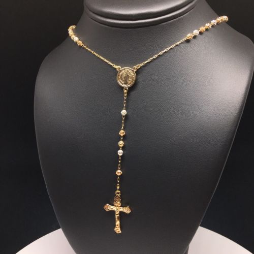 Gold Plate Saint Benedict Rosary Necklace San Benito Rosario Oro