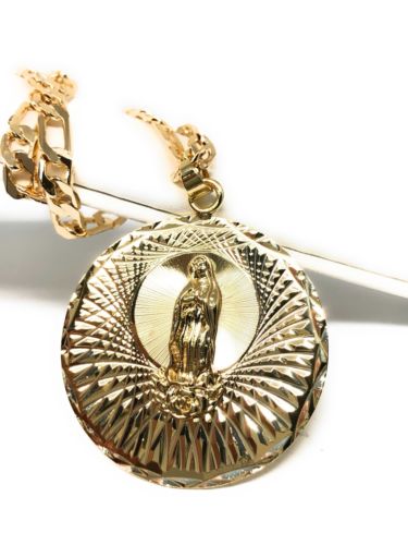 Gold Plated Virgin Mary Pendant 26" Chain / Virgen Guadalupe Medalla Pendant Necklace Chain 26" Cadena Oro laminado - Fran & Co. Jewelry