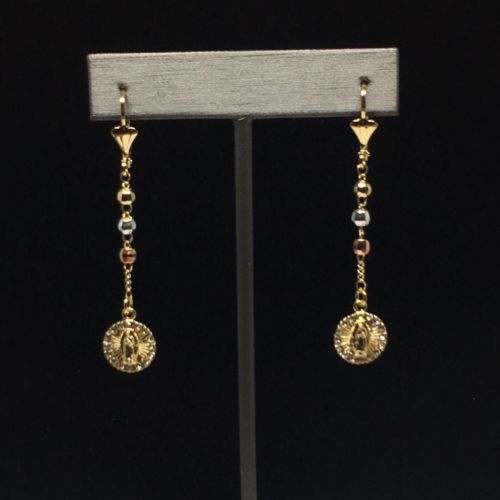Gold Plated Virgin Mary Earrings with White Stones / Aretes De Oro