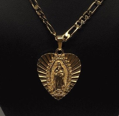 Gold Plated Virgin Mary Heart Pendant with 26" 5mm Figaro Chain / Corazon de Virgen de Guadalupe y Piedras Blancas con Cadena 26" de Oro Laminado - Fran & Co. Jewelry