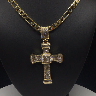 Men Hip Hop Gold Plated Iced Out Cross CZ Pendant Necklace 26" Figaro Chain 7mm - Fran & Co. Jewelry