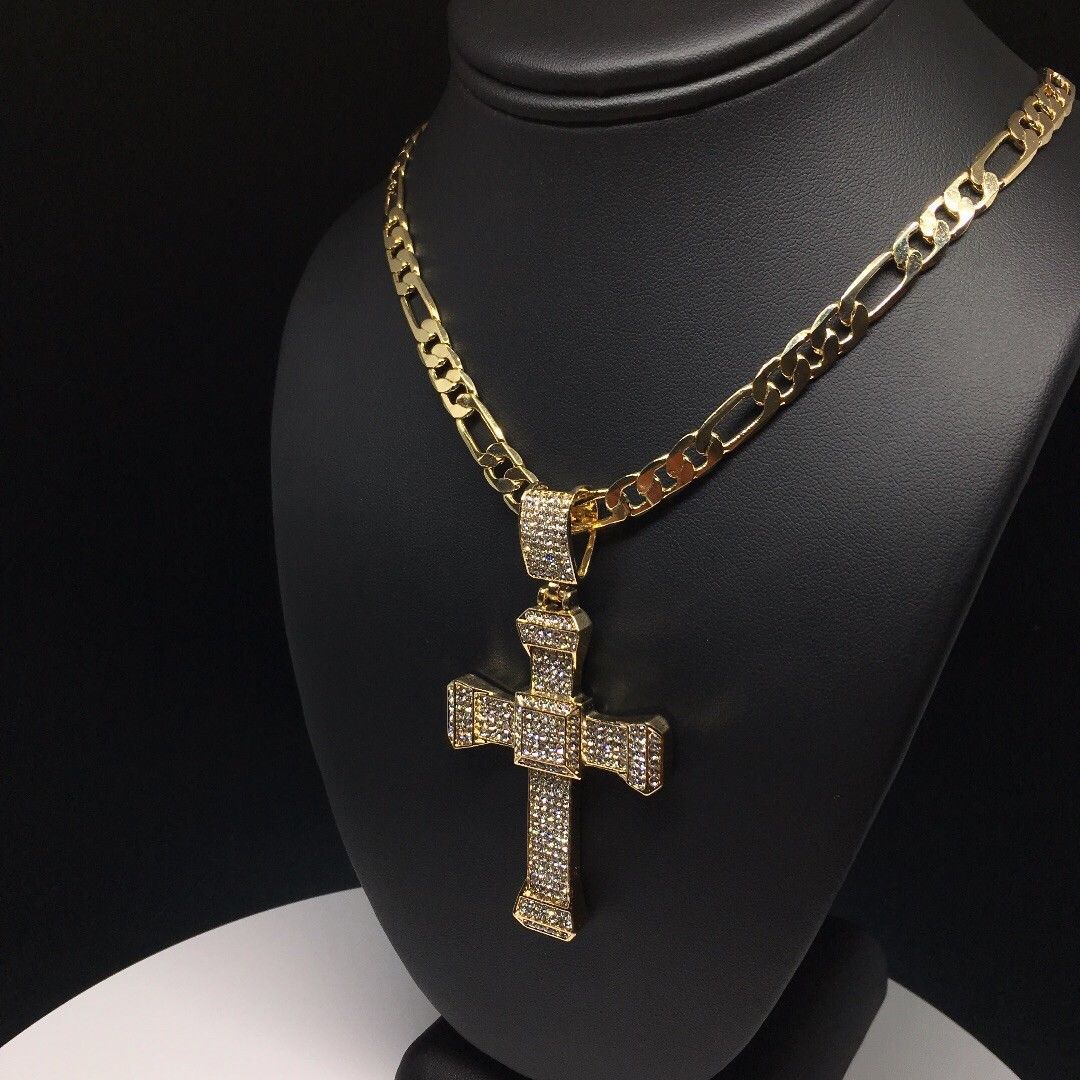 Men Hip Hop Gold Plated Iced Out Cross CZ Pendant Necklace 26