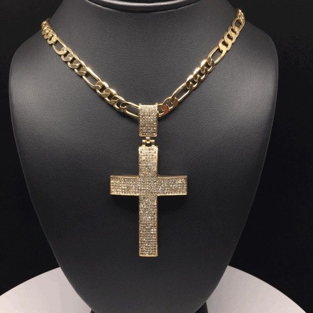 Men Hip Hop Gold Plated Iced Out Cross CZ Pendant Necklace 26