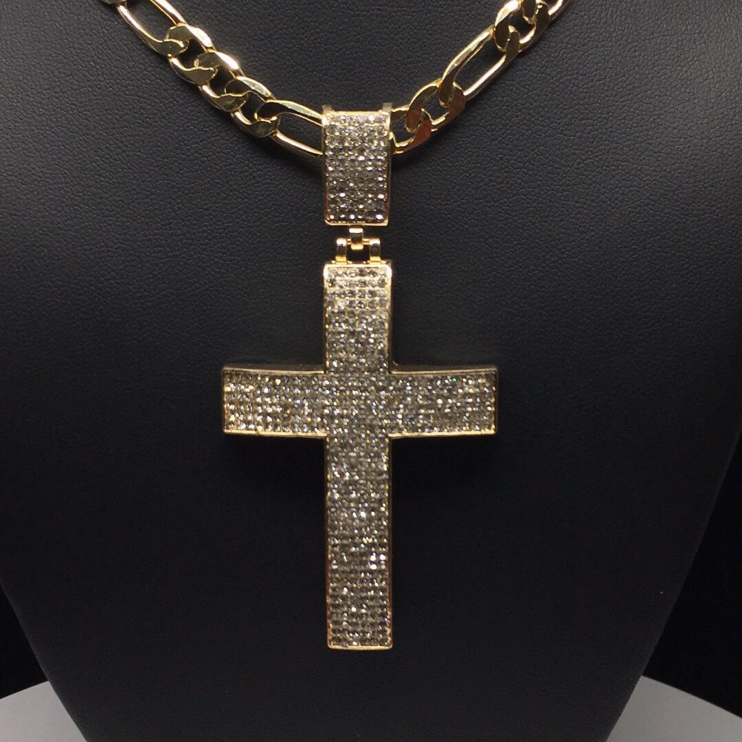 Men Hip Hop Gold Plated Iced Out Cross CZ Pendant Necklace 26