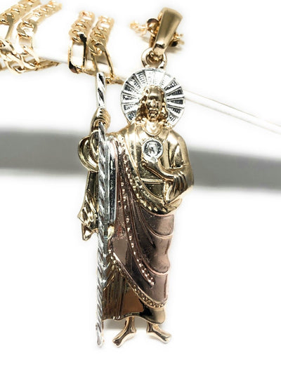 Gold Plated Saint Jude Pendant Necklace 26" / San Judas Tadeo Grande Tres Colores  Cadena Oro Laminado - Fran & Co. Jewelry