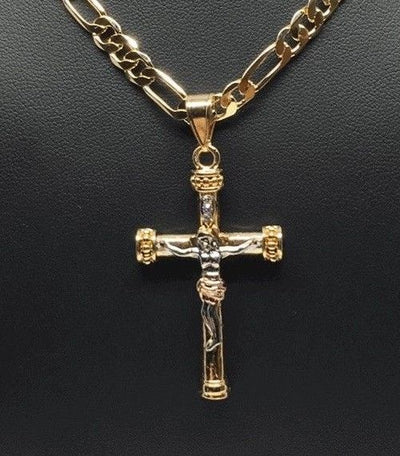 Gold Plated Tri-Color Jesus Cross Crucifix 26" Chain / Cruz De Tres Colores Jesus Cruz Crucifijo Cadena 26" - Fran & Co. Jewelry