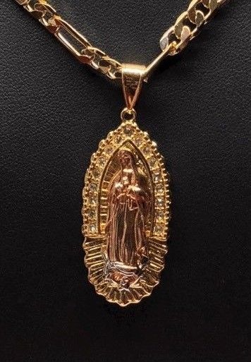 Gold Plated Tri-Color Virgin Mary White Stone Pendant 26" Chain  / Virgen De Guadalupe Medalla Tres Colores Cadena 26” Oro Laminado - Fran & Co. Jewelry