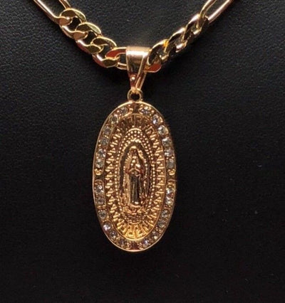 Gold Plated Virgin Mary Pendant White Stones 26" Chain / Virgen De Guadalupe Necklace Medalla Piedras Blancas Cadena 26” Oro Laminado - Fran & Co. Jewelry