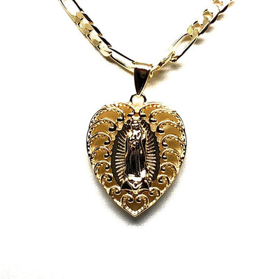 Gold Plated Virgin Mary Heart Pendant Necklace Figaro 26" Corazon Virgen de Guadalupe Medalla Oro Laminado - Fran & Co. Jewelry