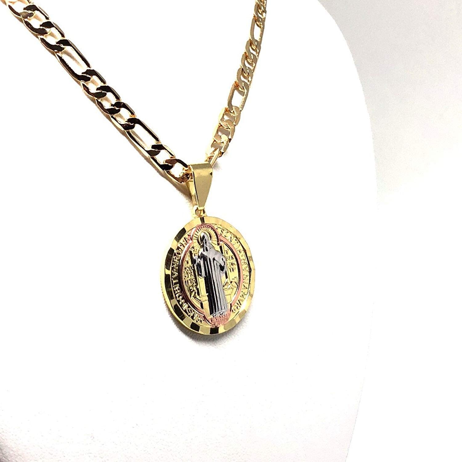 Gold Plated Tri-Color Saint Benedict Medal Necklace Figaro 26 San Ben –  Fran & Co. Jewelry Inc.