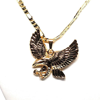 Gold Plated Eagle Pendant Necklace Figaro 26" Aguila Grande de Oro Laminado - Fran & Co. Jewelry