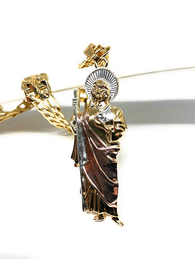 Gold Plated Saint Jude Pendant Necklace Figaro 26" San Judas Tadeo Tres Colores Medalla Con Oro Laminado - Fran & Co. Jewelry