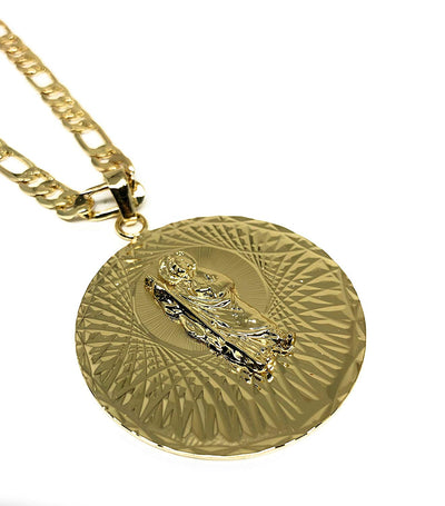 Gold Plated Saint Jude Pendant Necklace Figro 26" San Judas Tadeo Medalla Oro Laminado Figaro - Fran & Co. Jewelry