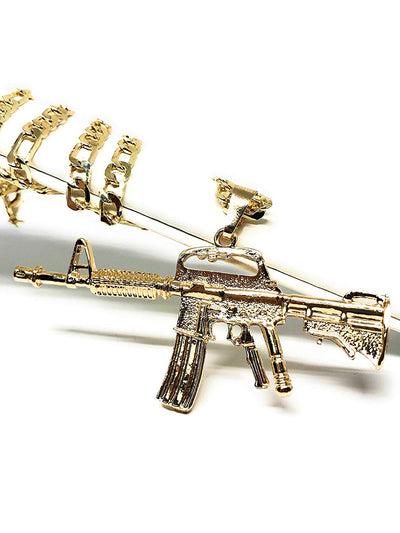 Gold Plated Machine Gun Pendant Necklace Figaro 26" Cuerno de Chivo Medalla Oro Laminado - Fran & Co. Jewelry