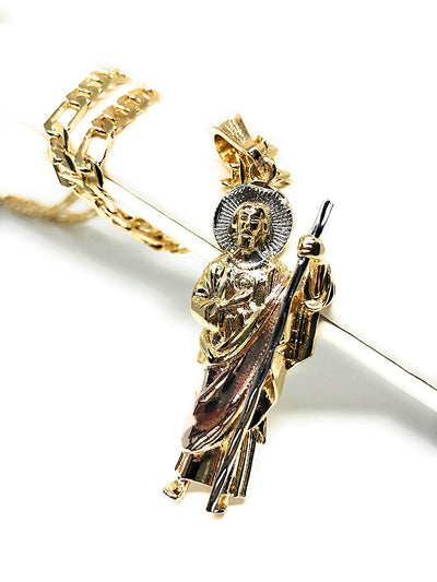 Gold Plated Saint Jude Pendant Necklace Figaro 26" San Judas Tadeo Medalla Oro Laminado - Fran & Co. Jewelry