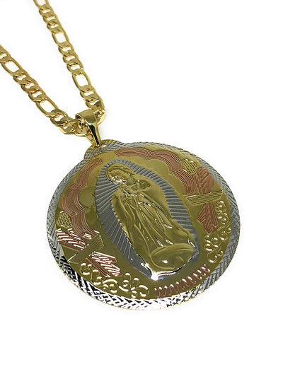 Gold Plated Big XL Tri-Color Virgin Mary Pendant / Virgen Guadalupe Tres Colores XL Grande Medalla Pendant Necklace Chain 26" - Fran & Co. Jewelry