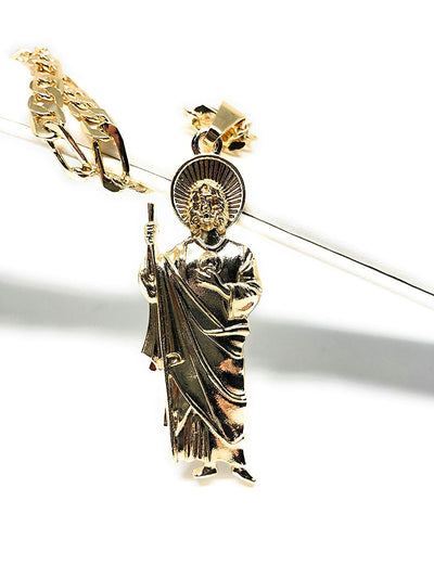 Gold Plated Saint Jude Pendant Necklace Figaro 26" San Judas Tadeo Medalla Cadena Oro Laminado - Fran & Co. Jewelry