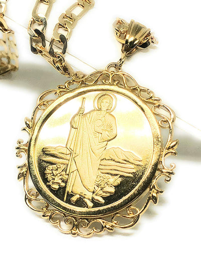 Gold Plated Saint Jude Pendant Necklace Figaro 26" San Judas Tadeo Virgen Centenario Medalla Oro Laminado - Fran & Co. Jewelry