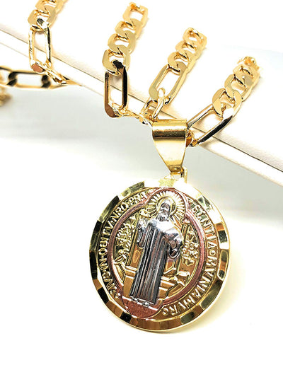 Tri-Color Saint Benedict Medal Necklace Figaro 26" San Benito Medalla Cadena Oro Laminado 26" - Fran & Co. Jewelry