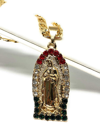 Gold Plated Virgin Mary Pendant Necklace Virgen de Guadalupe Medalla Cadena 26" Oro Laminado - Fran & Co. Jewelry