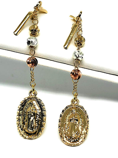 Gold Plated Tri Color Virgin Mary Earrings Aretes Oro Laminado Virgen De Guadalupe Tres Colores - Fran & Co. Jewelry