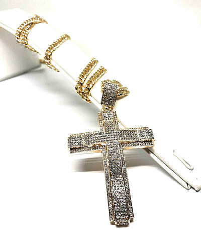 Men's Hip Hop Gold Plated Iced Out Cross CZ Pendant Necklace 30" Cuban Link Chain 6mm - Fran & Co. Jewelry