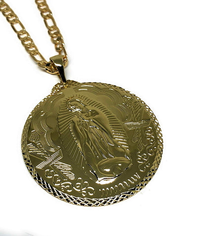 Gold Plated Big XL Virgin Mary Pendant / Virgen Guadalupe XL Grande Medalla Pendant Necklace Chain 26" - Fran & Co. Jewelry