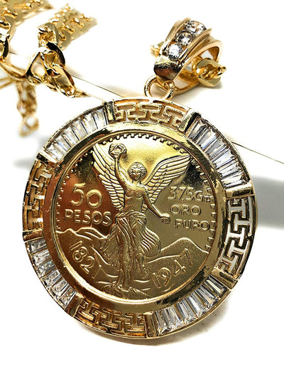 Gold Plated Coin Centenario Mexicano Moneda 50 Pesos Pendant Chain CZ Oro Cadena 26" - Fran & Co. Jewelry