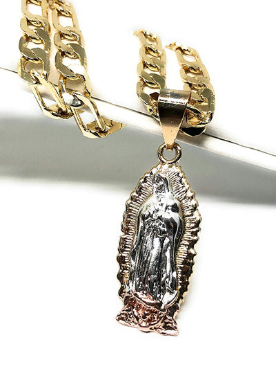 Gold Plated Tri-Color Virgin Mary Necklace Pendant Virgen de Guadalupe Medalla Tres Colores Cadena 26" - Fran & Co. Jewelry