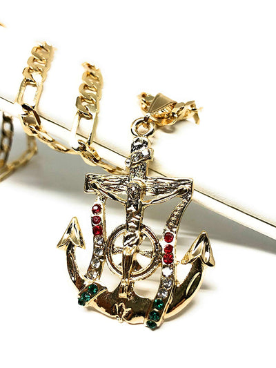 Gold Plated Jesus Crucifix Anchor Pendant Necklace Figaro 26" Jesus Crucifijo Ancla Medalla - Fran & Co. Jewelry