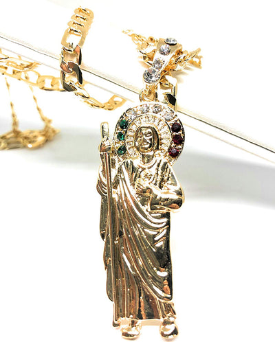 Gold Plated Saint Jude Pendant Necklace Figaro 26" San Judas Tadeo Medalla Con Cadena De Oro Laminado - Fran & Co. Jewelry