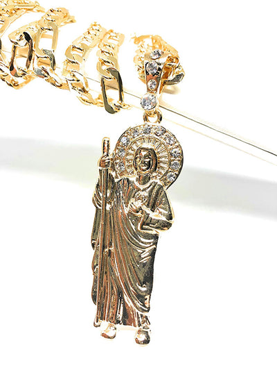 Gold Plated Saint Jude Pendant Necklace Figaro 26" San Judas Tadeo Medalla Con Cadena De Oro Laminado - Fran & Co. Jewelry