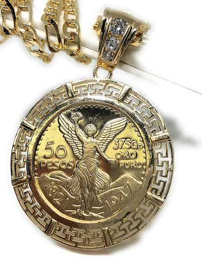 Gold Plated Coin Centenario Mexicano Moneda 50 Pesos Pendant Chain CZ Oro Cadena 26" - Fran & Co. Jewelry